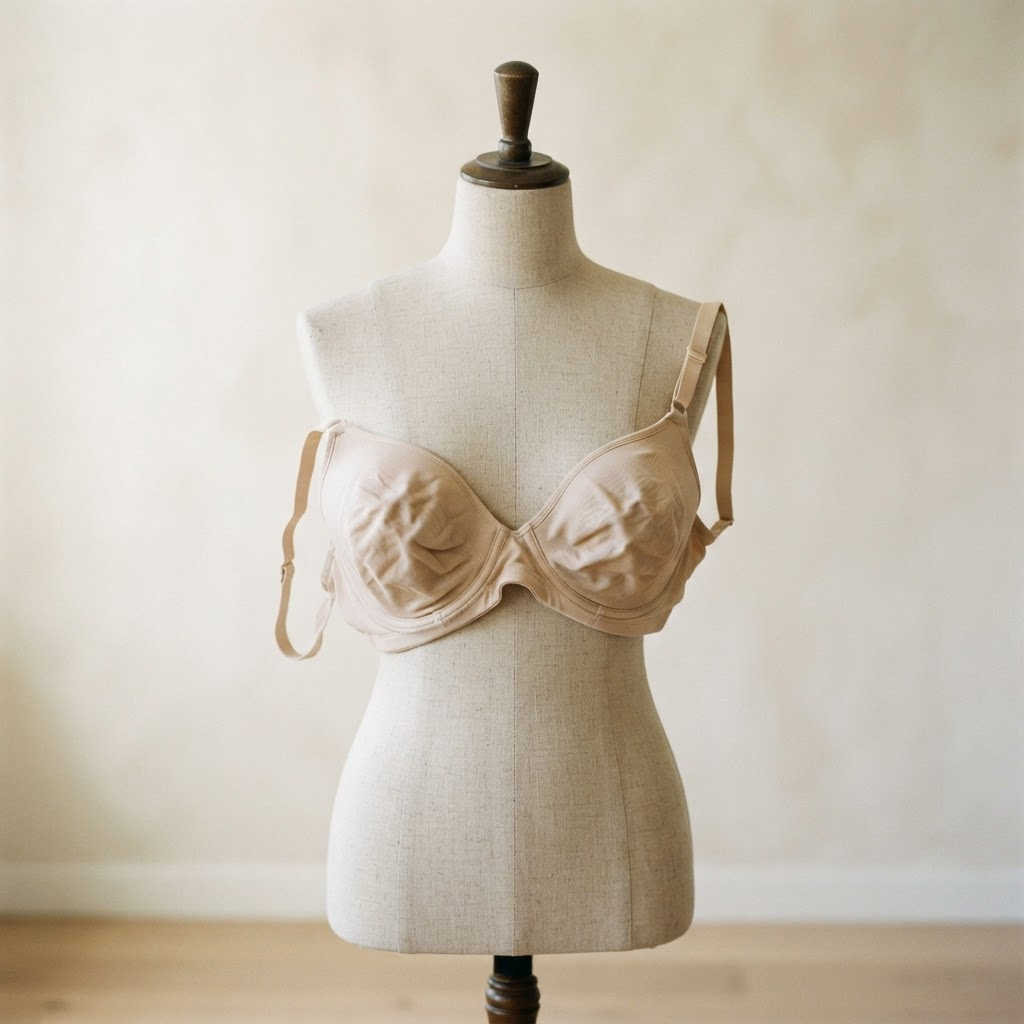 A bra on a dress form fitting too big, with gaping cups and a slipping strap