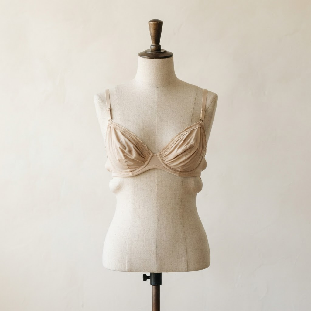 A bra on a dress form fitting too small, with strained cups and a tight band