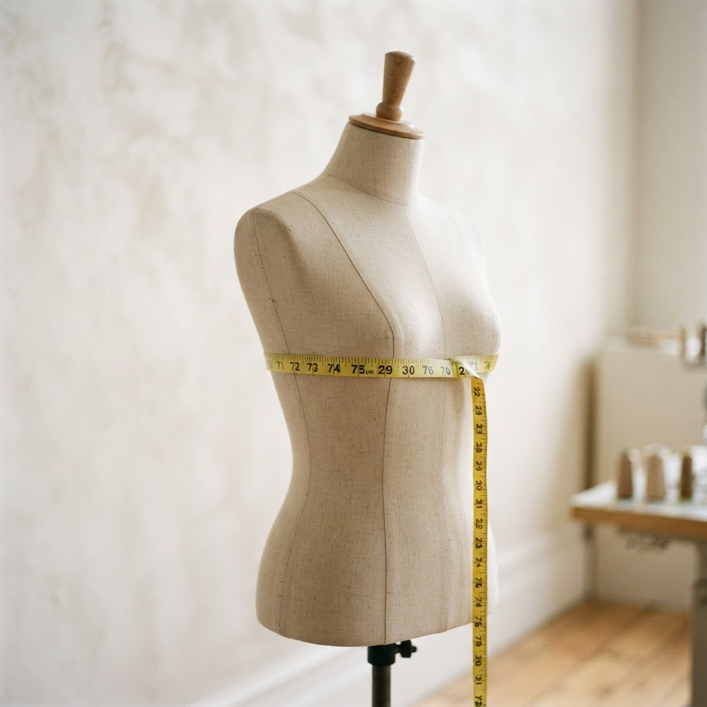 A measuring tape wrapped around a dress form at the ribcage, showing where to measure the band